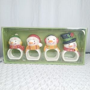 Vtg Holiday Christmas Nostalgia Snowman Ceramic Napkin Rings Holder Set of 4